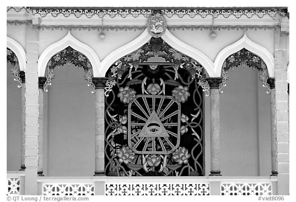 Cao Dai eye, detail of the great temple. Tay Ninh, Vietnam (black and white)