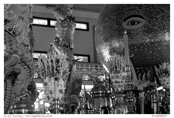 Globe with Cao Dai eye inside the great temple. Tay Ninh, Vietnam