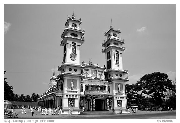 The great Cao Dai temple, with oriental and occidental features. Tay Ninh, Vietnam (black and white)