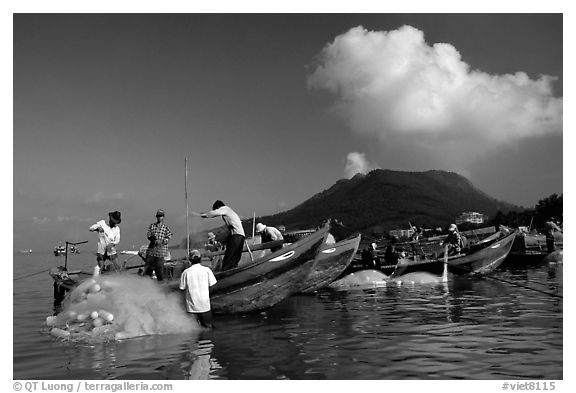 Eyes painted on prow protect from bad spirits. Vung Tau, Vietnam (black and white)