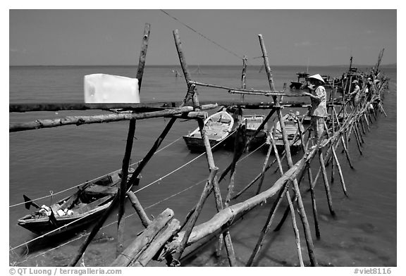 An ice block being loaded into a fishing boat. Vung Tau, Vietnam (black and white)