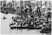 Busy waterfront at Phung Hiep. Can Tho, Vietnam (black and white)