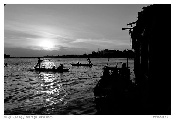 Sunrise on the Hau Gian river. Chau Doc, Vietnam (black and white)