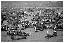 Concentration of small boats at the Cai Rang Floating market. Can Tho, Vietnam ( black and white)