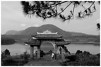 Pagoda set aside one of the many lakes. Da Lat, Vietnam (black and white)