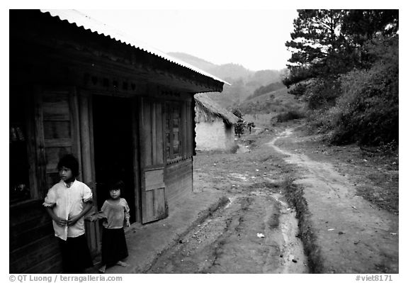 A minority village in the mountains. Da Lat, Vietnam (black and white)