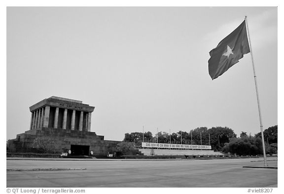 Ho Chi Minh mausoleum and national flag. Hanoi, Vietnam (black and white)