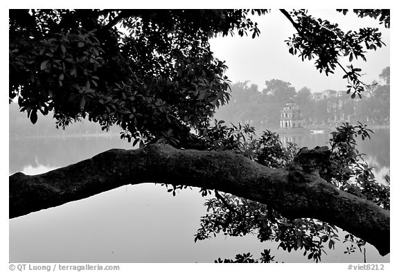 Hoan Kiem (restored sword) lake. Hanoi, Vietnam (black and white)