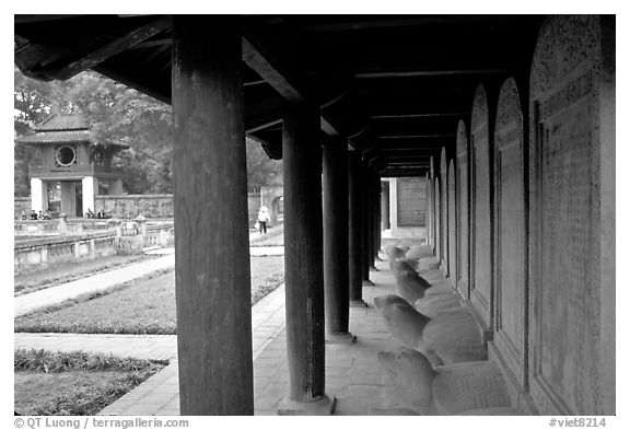 Stone Tablets engraved with laureate mandarin names,  Temple of Literature.. Hanoi, Vietnam (black and white)