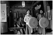 Traditional musicians and singers, Temple of Literature. Hanoi, Vietnam (black and white)