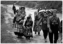 Old and young from the surrounding hamlets hike several hours to the sunday market. Bac Ha, Vietnam (black and white)