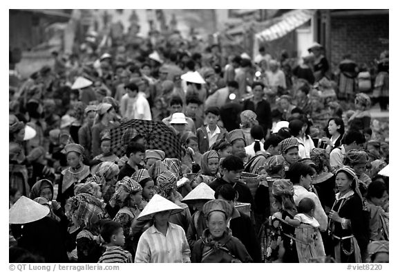 Colorful crowd at the sunday market. Bac Ha, Vietnam (black and white)