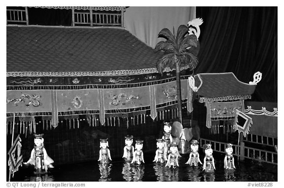 Water puppets performance in 1999.. Hanoi, Vietnam (black and white)