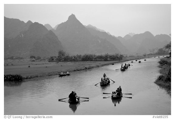 Journey along the river during the festival. Perfume Pagoda, Vietnam (black and white)