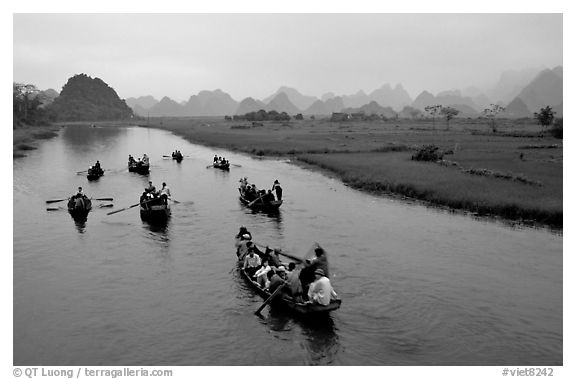 Return trip after the pilgrimnage. Perfume Pagoda, Vietnam (black and white)