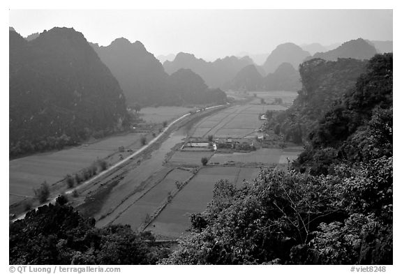 The Karstic landscape of Hoa Lu. Ninh Binh,  Vietnam (black and white)