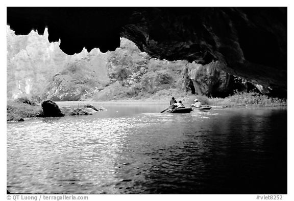 One of the three river underground passages of Tam Coc. Ninh Binh,  Vietnam (black and white)