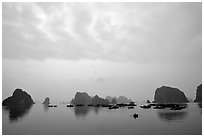 Distant view of the bay with its three thousands limestone islets. Halong Bay, Vietnam (black and white)