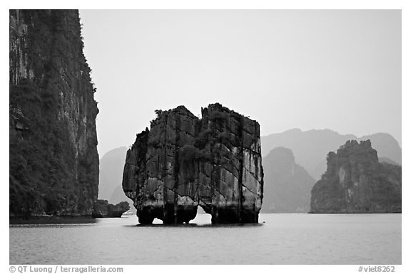 Rock formation standing among the islands. Halong Bay, Vietnam (black and white)