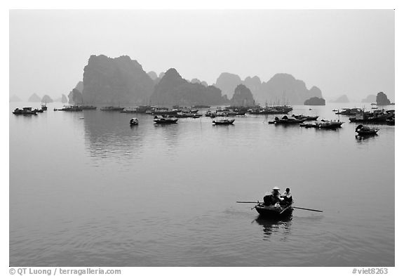 Fishing boat fleet. Halong Bay, Vietnam (black and white)