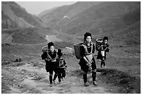 Hmong women returning to their village, which cannot be reached by the road. Sapa, Vietnam ( black and white)