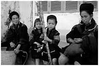 Hmong women kids with sugar cane. Sapa, Vietnam (black and white)