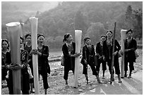 Ethnic minority women carrying banana trunks. Vietnam (black and white)