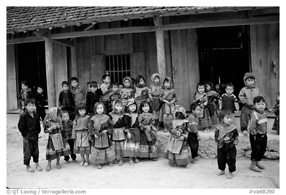 School kids in colorfull everyday dress. Bac Ha, Vietnam (black and white)