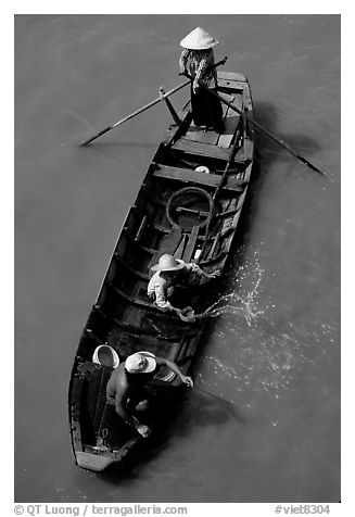 Small boat seen from above. Can Tho, Vietnam (black and white)
