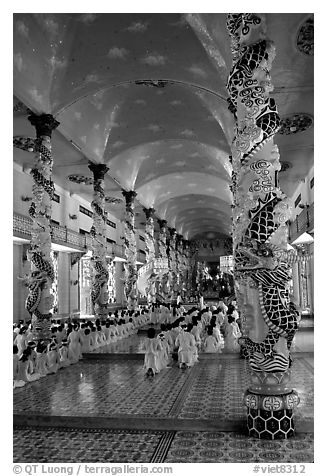 Interior of the Great Caodai Temple. Tay Ninh, Vietnam (black and white)