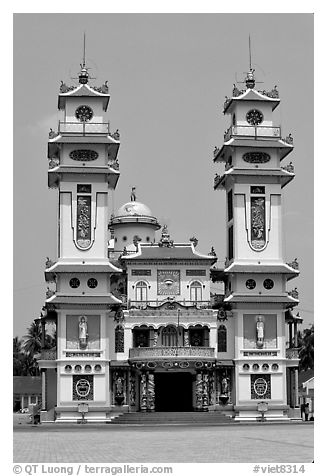 Facade of the Great Caodai Temple. Tay Ninh, Vietnam (black and white)