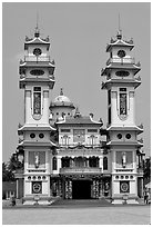Facade of the Great Caodai Temple. Tay Ninh, Vietnam (black and white)