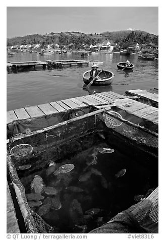 Fish cage in a small village in the Nha Trang bay. Vietnam (black and white)
