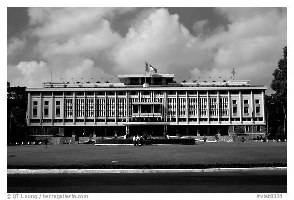 Reunification Palace, the former presidential palace of South Vietnam. Ho Chi Minh City, Vietnam (black and white)