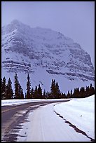 Icefields Parkway partly covered by snow. Banff National Park, Canadian Rockies, Alberta, Canada