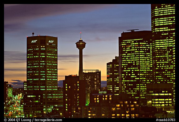 Tower and high-rise buildings, at dusk. Calgary, Alberta, Canada (color)