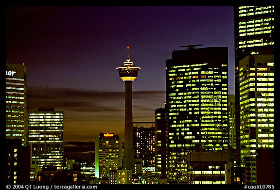 Tower and high-rise buidlings at night. Calgary, Alberta, Canada