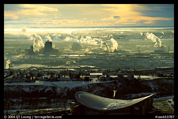 Stadium and industrial exhaust seen from the Tower. Calgary, Alberta, Canada