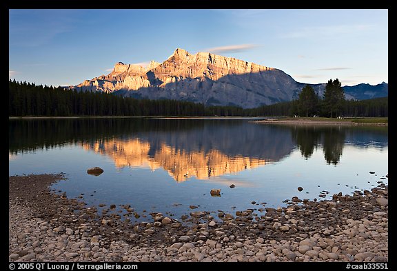 Two Jack Lake shore and Mt Rundle, early morning. Banff National Park, Canadian Rockies, Alberta, Canada (color)