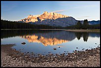 Two Jack Lake shore and Mt Rundle, early morning. Banff National Park, Canadian Rockies, Alberta, Canada