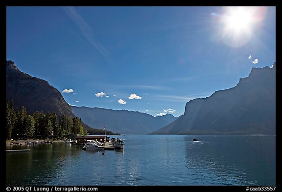 Lake Minnewanka (only lake in the Park that allows motorized boats) and marina, morning.. Banff National Park, Canadian Rockies, Alberta, Canada (color)