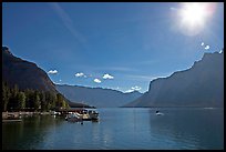 Lake Minnewanka (only lake in the Park that allows motorized boats) and marina, morning.. Banff National Park, Canadian Rockies, Alberta, Canada