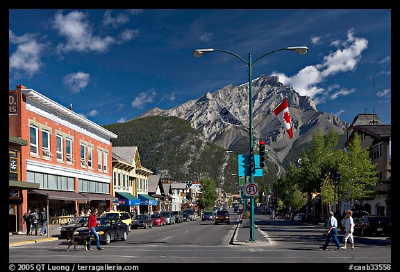 Banff Avenue and Cascade Mountain, mid-morning. Banff National Park, Canadian Rockies, Alberta, Canada (color)