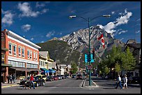 Banff Avenue and Cascade Mountain, mid-morning. Banff National Park, Canadian Rockies, Alberta, Canada (color)