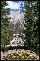 Banff Avenue seen from Cascade Gardens, mid-day. Banff National Park, Canadian Rockies, Alberta, Canada