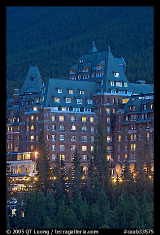 Banff Springs Hotel at dusk. Banff National Park, Canadian Rockies, Alberta, Canada (color)