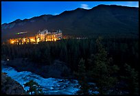 Banff Springs Hotel, Bow River and Falls at night. Banff National Park, Canadian Rockies, Alberta, Canada