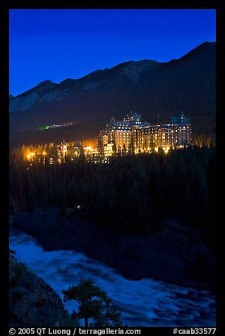 Banff Springs Hotel and Bow River from Surprise Point at night. Banff National Park, Canadian Rockies, Alberta, Canada (color)