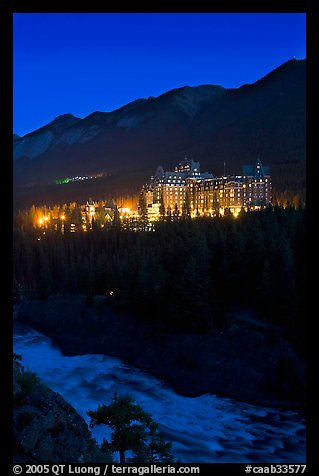 Banff Springs Hotel and Bow River from Surprise Point at night. Banff National Park, Canadian Rockies, Alberta, Canada