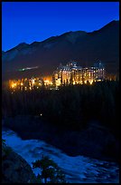 Banff Springs Hotel and Bow River from Surprise Point at night. Banff National Park, Canadian Rockies, Alberta, Canada